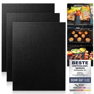 BBQROX Grillmatten 3er Set [50x40cm bis 260°C] Vergleichssieger 2024 | Für Gasgrill, Holzkohlegrill, Elektrogrill & Backofen | Wiederverwendbare & Antihaft Grillunterlage | Schwarz