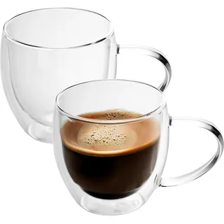 Intirilife 2x Doppelwandige Thermo Gläser Set -200-250ml- Mundgeblasen isoliert für Espresso Cappuccino, Teegläser Kaffeegläser Latte Macchiato, Tassen, Schwebeeffekt mit Henkel