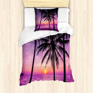 ABAKUHAUS Ozean Bettbezug Set, Palmen Silhouette bei Sonnenuntergang Traumhaft exotische Twilight Landschaft Bild, 135 x 200 cm + 80 x 80 cm, Schwarz Lila