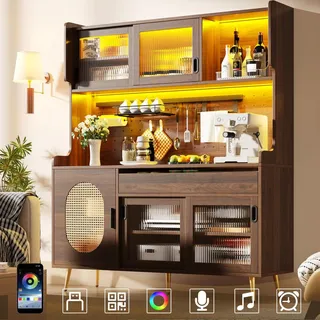 Moderner Buffetschrank 145x39x171cm im Landhausstil mit LED Lichtleiste und Ordnungslockplatte Küchenschrank 5 Türen mit Fluted Glas Braun - Braun