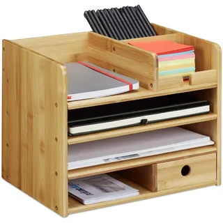 Relaxdays Schreibtisch Organizer, Briefablage A4, Notizzettel und Stifte ordnen, Schublade, Ordnungssystem Büro, Bambus, H x B x T: ca. 26 x 33 x 24 cm, Natur