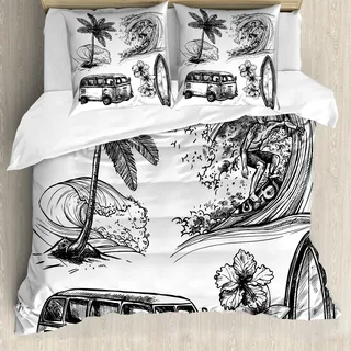 ABAKUHAUS Surfen Bettbezug, Surfbrett-Strand Van, Milbensicher Allergiker geeignet mit Kissenbezügen, 200 cm x 200 cm - 80 x 80 cm, Schwarz-Weiss