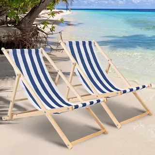 Clanmacy 2X Liegestuhl Gartenstuhl Klappstuhl Kieferholz Holz Klappbar Relax Stoff Deck Blau weiß - Blau
