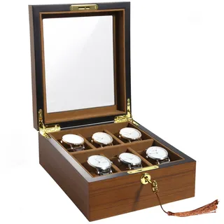 Uten Uhrenbox Holz für 6 Uhren, Uhrenkasten mit Schlüssel,Weiche Kissen & goldenes Schloss, Große Kapazität, Uhrenkoffer als Geschenkidee für Herren und Damen