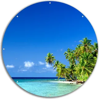 Wallario rundes Outdoor-Poster für Garten oder Balkon, Motiv Blauer Himmel weißer Strand Palmen und das tiefblaue Meer, 60 cm Durchmesser - Blau