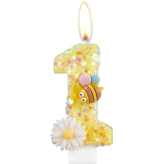 Blume Geburtstagskerzen, Zahl 1 Kerzen mit Biene für Kuchen, Mädchen 1. Geburtstag Dekorationen, Gelb Glitzer Geburtstagskerzen, Honigbienenkuchenkerzen Toppers für Mädchen Baby Geburtstag Party