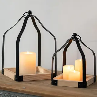 Sziqiqi Laterne Holz Landhausstil Deko- Holzlaterne für Weihnachten Herbst Frühling Dekoration Windlicht Laternen Metall Kerzenhalter Stumpenkerzen für Kamin Mantel Esstisch Deko, Schwarz