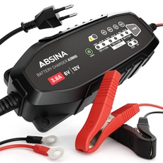 ABSINA 3,8 A Batterieladegerät KFZ für 6V & 12V Blei Batterie bis 120Ah & 12,8V Lithium - Ladegerät Autobatterie - AGM Ladegerät 12V für Auto Motorrad Wohnwagen - Erhaltungsladegerät