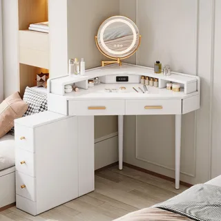Merax Eck-Schminktisch, Kosmetiktisch mit drehbarem LED-Spiegel, Einstellbare Helligkeit, 5 Schubladen, USB/Type-C, flexibler Unterschrank, Weiß - Weiß