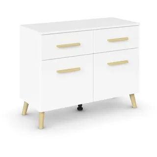 Rauch Möbel Skandi by Aditio Kommode, Sideboard klein, Mehrzweckschrank, Schubladenkommode, 2-türig, 2 Schubkästen, Soft-Close, Holzfuß, Farbe Alpinweiß, 93x73x44cm