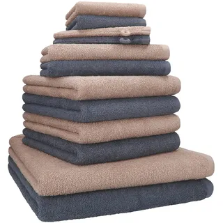Betz Berlin Handtuch-Set 12-teilig – 100% Baumwolle – Oeko-TEX® Zertifiziert – 360g / m2 Grammatur – Duschtücher, Handtücher, Gästetücher & Waschhandschuhe Farbe Cappuccino - dunkelgrau