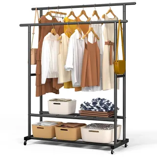 VOUNOT® Kleiderständer auf Rollen, Kleiderstange Doppelt, Garderobenständer Metall mit 2 Aufbewahrungsablagen, Stabil, Schwerlast, für Schlafzimmer Flur Ankleidezimmer, 121x40x147cm Schwarz