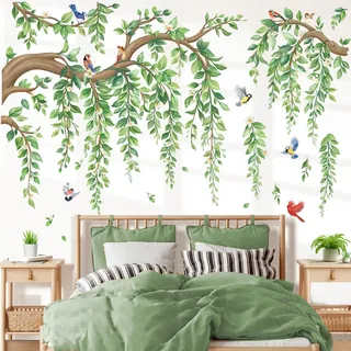 wondever Wandtattoo Grüne Baum Ast Groß Wandsticker Hängende Blumen Blätter | Abziehen und Aufkleben, Abziehbar, Wandaufkleber Selbstklebend für Schlafzimmer Wohnzimmer Flur Sofa Hintergrund Wanddeko
