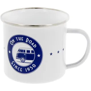 VW Collection - Volkswagen Große Emaille Kaffee-Tee-Tasse-Becher-Haferl für Camping & Outdoor T1 Bus (500 ml/On the Road/Weiß)