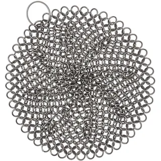 Mythrojan Gusseisen-Reiniger, 11,4 x 11,4 cm, 316L Edelstahl, Kettennetz-Schrubber, rund, für Gusseisenpfanne, Grillpfanne, Dutch Oven Wok, Pfanne, Topf, BBQ Grills