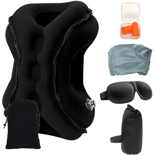 Mayeujds 【Upgrade】 Ergonomisches Nckenkissen mit 60°-Design & Augenmaske & Ohrstöpseln – Blitzschnell Aufblasbar, Perfekte Nackenstütze für Flugzeug, Auto, Büro & Reise (Schwarz)