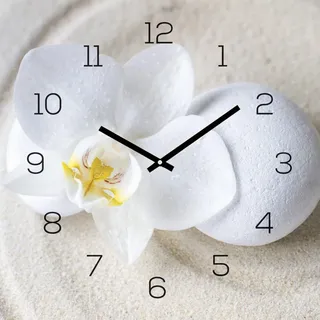 Wanduhr Glas 30x30cm Uhr Glasbild Orchidee Weiß Sand Stein Wellness Wanddeko