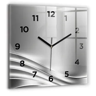 Wallfluent Große Wanduhr – Stilles Quarzuhrwerk - Uhr Dekoration Wohnzimmer Schlafzimmer Küche - Zifferblatt - schwarze Zeiger - 60 cm - Silberne Abstraktion - Silber