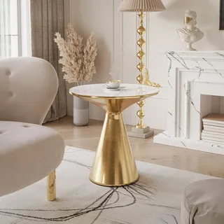 Runder Couchtisch CALEYA Gold / weiß glänzender Marmor