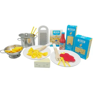 Tanner DER KLEINE Kaufmann Tanner Deco – De Cecco Pasta Set (inkl. Zubehör aus Holz, Filz und Metall, bunt, ab 2 Jahren, scannbare Barcodes, Kaufladen Zubehör, Markenminiaturen) FSC0543.1