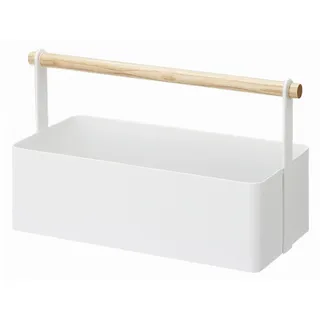 Yamazaki Aufbewahrungskorb aus weißem Metall mit Holzgriff - L29 cm , 13x16x29 cm , Ordnen & Aufbewahren, Dekoboxen & Aufbewahrungsboxen