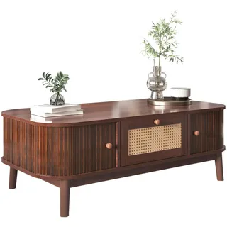 Beaok Couchtisch 110/55 cm mit Schubladen und Schiebetüren in Rattan-Optik , Naturfarben , Holzwerkstoff , 55x38.5x110 cm , Wohnzimmer, Wohnzimmertische, Couchtische