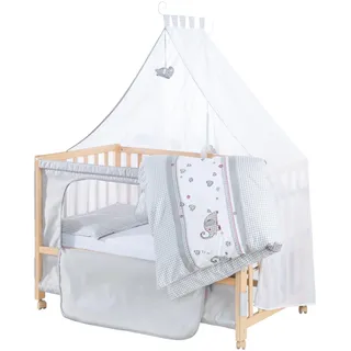 roba Beistellbett 60 x 120 cm - Jumbotwins - Babybett zum Anstellen - Inklusive Matratze, Bettwäsche, Himmel im Elefanten Design - Mobil & Höhenverstellbar - Holz Natur