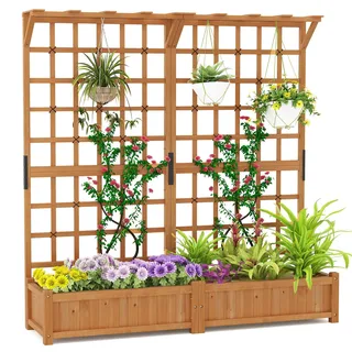 GOPLUS Pflanzkasten mit Rankgitter, Blumenkasten mit Ablauflöchern & Spalier, Gartenbeet Pflanzkübel Rankgitter Rankhilfe für Garten & Balkon (180 x 48 x 183 cm)