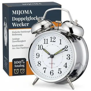 MIJOMA – Eleganter Retro Glockenwecker, Analog Quarz Wecker aus Metall/Kunststoff, mit LED-Nachtlicht und Doppelgong-Funktion, ideal als Tischuhr, Batteriebetrieben (Chromfarben - Zifferblatt 1)