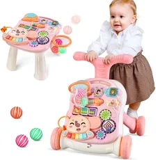 2 in 1 Lauflernhilfe zum Sitzen und Stehen für Baby, Regulierbarer Geschwindigkeit Laufwagen für Kleinkinder, Abnehmbare Spielplatte, Baby Musik Lernen Spielzeug-Für Kinder von 12-36 Monaten(Rosa)
