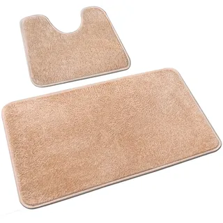 Rururug Badezimmerteppich Set 2 Teilig, Badvorleger Set | WC Vorleger mit Ausschnitt, rutschfest & waschbar, weiche Mikrofaser, saugfähig, Beige, 50x80 + 50x40 cm