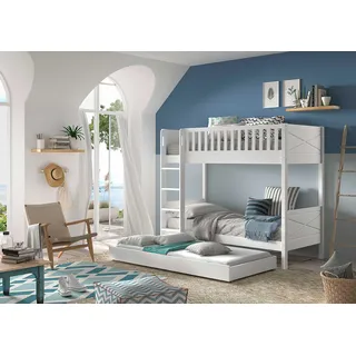 Vipack SCOTT Etagenbett mit 2 Liegeflächen 90 x 200 cm, inkl. Rolllattenrost, Leiter u. großer Bettschublade, Ausf. Kiefer weiß lackiert - Weiß