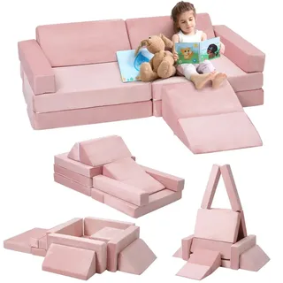 Modulares Kindersofa - 12-teiliges Schaum-Baustein-Set - Waschbar - Faltbares Möbel - Gemütliches Spielsofa fürs Spielzimmer - Rosa