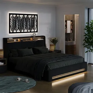 Vitalispa Polsterbett Christin, 180x200 mit LED und USB-Anschluss, Anthrazit/Eiche - Dunkelgrau