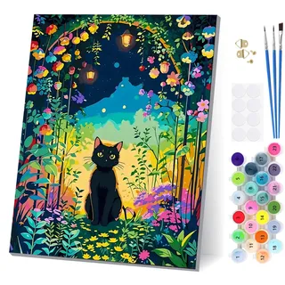 EOBROMD Schwarze Katze Malen Nach Zahlen Erwachsene mit Rahmen, Malen Nach Zahlen Blumen, Paint by Numbers, DIY Leinwand Handgemalt Ölgemälde Set für Home Decor 30x40cm
