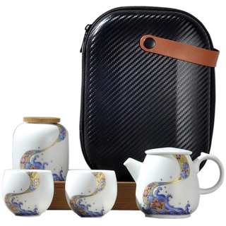 fanquare Tragbare Reise Tee Set mit Reisetasche, Porzellan Teeservice mit Meereswelle und Blume Motiv, Teekanne mit Teetassen und Teedose