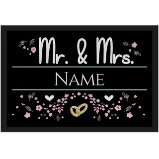 Print Royal Personalisierte Fußmatte mit Namen - Mr und Mrs mit Blumen und Ringe - Geschenke zum Einzug | rutschfest, 90x60cm mit Gummirand