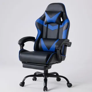 DUMOS Gaming Stuhl, Chair Gamer Sessel - Ergonomischer Gamer Stuhl mit Fußstütze Kopfstütze und Lordosenstütz Höhenverstellbar Gepolstert Gamingstuhl 150 Kg Tragkraft PC Sessel Drehsessel Schwarz-Blau