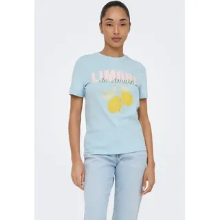 T-Shirt ONLY "ONLKITA S/S PEARL TOP BOX JRS", Damen, Gr. XS, blau (winter sky print:limoni de amalfi), Jersey, Obermaterial: 100% Baumwolle, bedruckt, regular fit normal, Rundhals, Shirts T-Shirt, Baumwolle, regular fit, Rundhals
