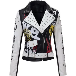RISISSIDA Frauen Kunstleder Jacke Nieten Frühling Herbst Winter Mode, Moto Biker Trendy Kleidung Streetwear Gürtel, 77 Schwarz-weiß, M