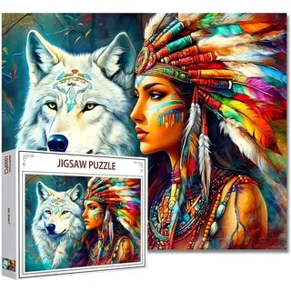 Puzzle mit afrikanischer Frau und Wolf, 1000 Teile für Erwachsene, bunter Traumfänger-Kopfschmuck, 50,8 x 68,9 cm, schönes indianisches Porträt, Puzzle, Kunst, buntes Kunstwerk der amerikanischen