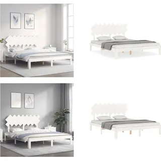 vidaXL Massivholzbett mit Kopfteil Weiß 160x200 cm - Bettgestell - Bettgestelle - Bettrahmen - Bett - Weiß