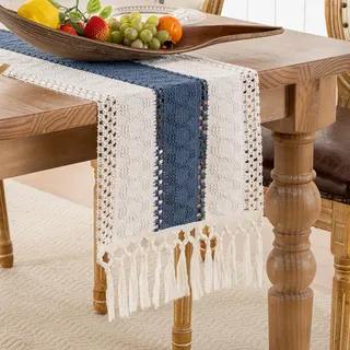 Tischläufer Modern Boho Marineblau Baumwolle Leinen mit Quaste Rustikaler Bauernhaus Abwaschbar Tischläufer Makramee Tischdekoration für Küche Urlaub Geburtstag Tabletop Dekor 30 x 140 cm