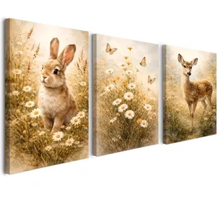 Alptiny 3er Set Leinwandbilder mit Rahmen 30x40 cm, Tier Wandbilder Wohnzimmer mit Reh Hase und Blumenwiese, Bilder mit Rahmen für Schlafzimmer Flur Büro, mit Klettband und vormontierten Haken