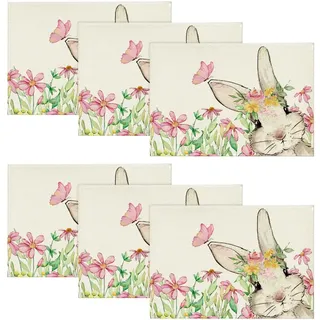 Artoid Mode Rosa Blumen Schmetterling Hase Ostern 6er Set Platzsets, 30x45cm Frühling Bankett Tischsets Waschbar Platzdeckchen Küche Party Deko