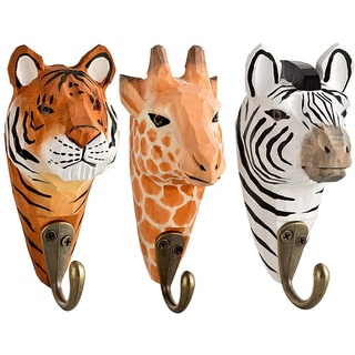 your castle 3 Wandhaken Garderobehaken Kleiderhaken aus Holz Giraffe, Zebra, Tiger mit Metallhaken handgearbeitet 13 cm Kinderzimmer