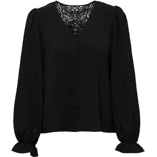 Spitzenbluse ONLY "ONLMETTE L/S LACE TOP WVN", Damen, Gr. XS, schwarz, Web, Obermaterial: 100% Polyester, unifarben, regular fit normal, V-Ausschnitt, Blusen Spitzenbluse, Kunstfaser, regular fit