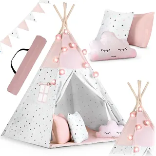 Kinder-Tipi-Zelt mit Girlande und Lichterkette Nukido - rosa