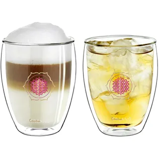 Creano doppelwandiges Tee-Glas, Latte Macchiato, Thermobecher Blume des Lebens | 250ml, in exklusiver Geschenkbox 2er Set