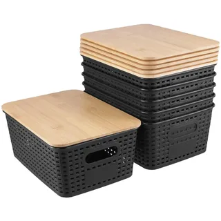 FAAING 6er Set Aufbewahrungsbox mit Bambus Deckel Schwarz, Rattan Kunststoff Aufbewahrungskorb, Stapelbare Aufbewahrungsboxen, Küchen Organizer Aufbewahrung für Regale, Schränke, Büro